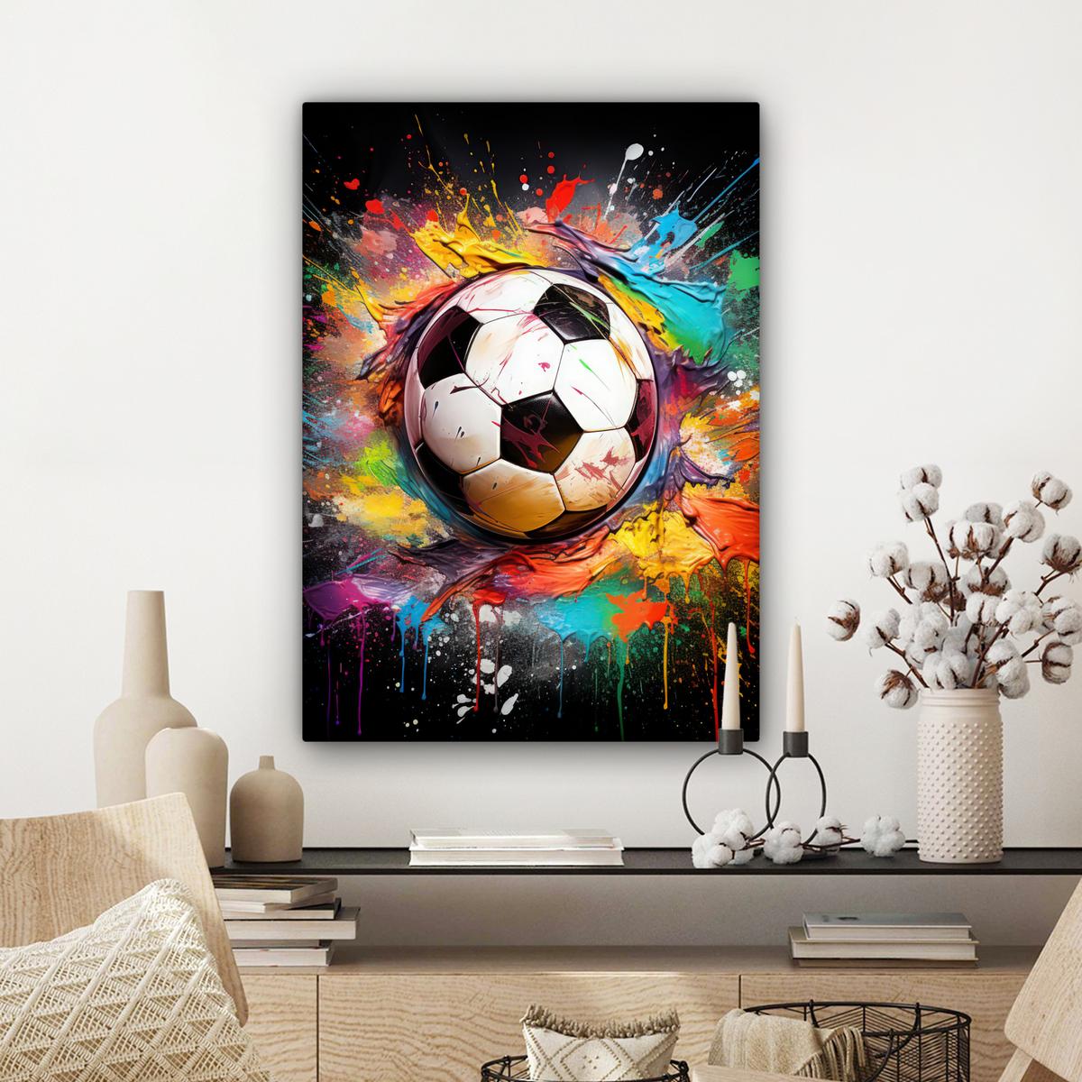 LEINWANDBILD Fußball - Farbe - Farben - Schwarz - Weiß Wandbild Wohnzimmer 60x80 cm - Weiß, Textil (60/80cm) - MuchoWow