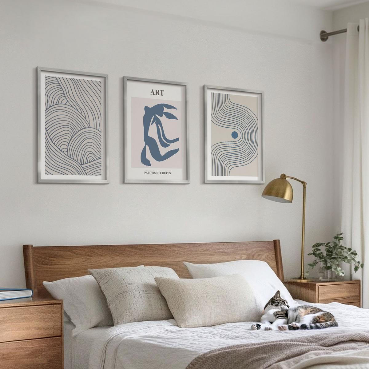BILDER SET 3er Set - 40x60 cm Silberner Rahmen - Abstrakte blaue Linien - Silberfarben, Kunststoff (40/60cm) - TULUP