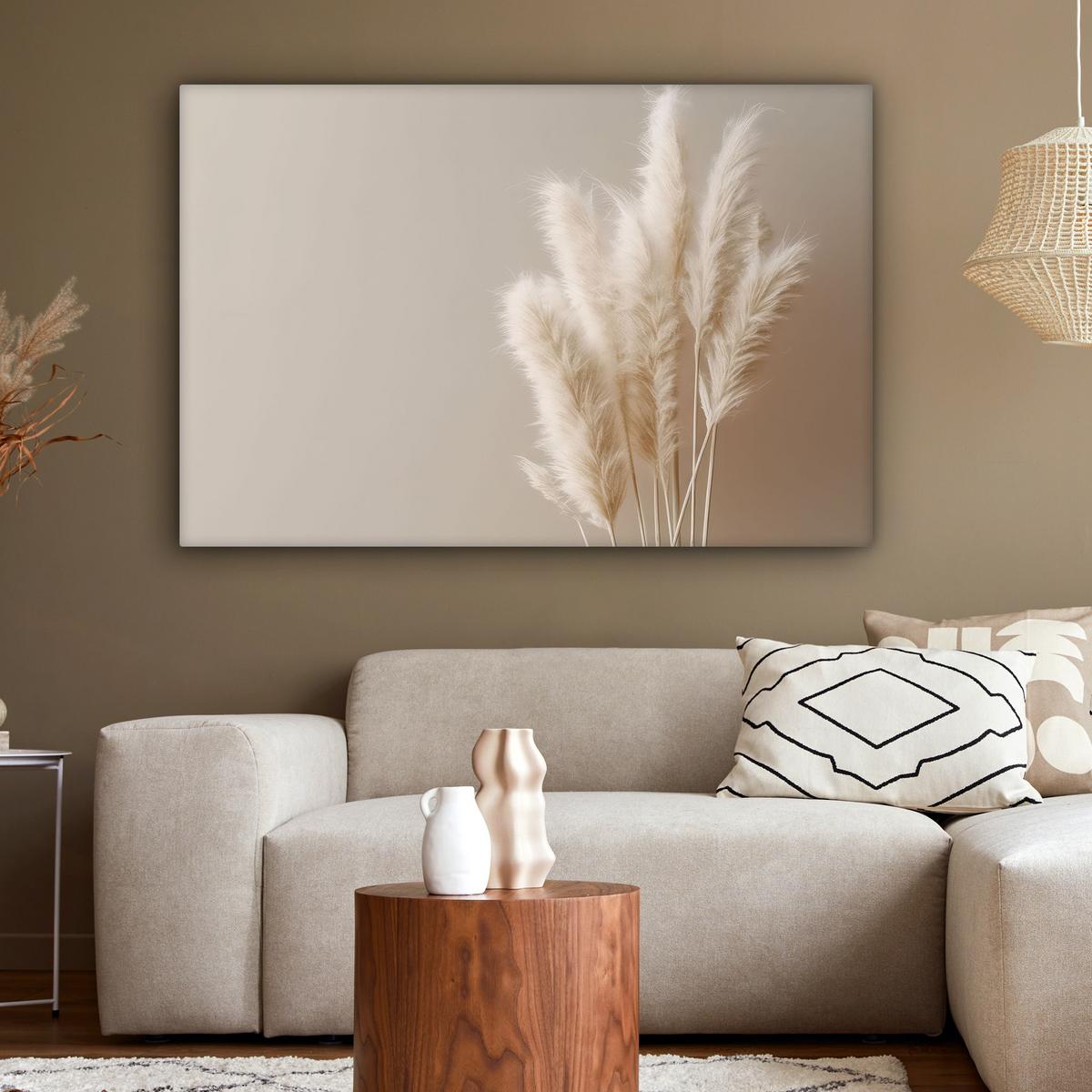 LEINWANDBILD Pampasgras - Federn - Pastell - Weiß Wohnzimmer Groß 120x80 cm - Naturfarben, Textil (120/80cm) - MuchoWow