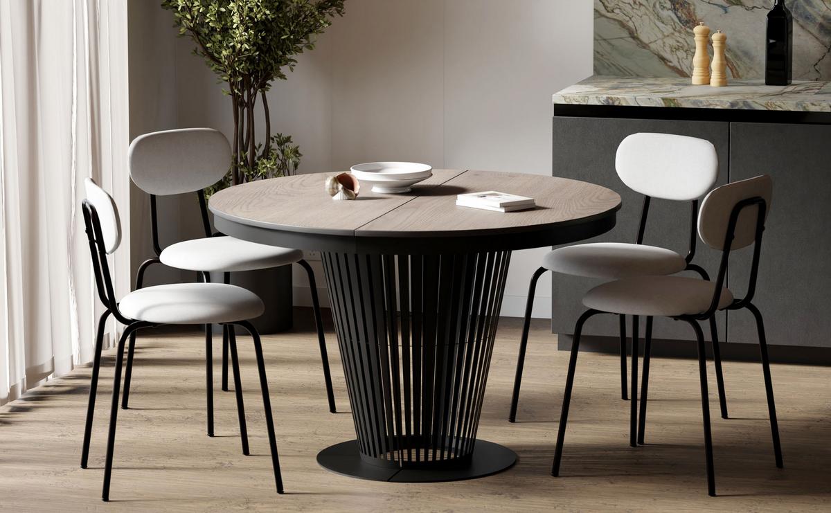 ESSTISCH Novera rund ausziehbar mit Schwarzem Lamellen-Metallgestell, Eiche Braun 100-200/100/76 cm - Eichefarben/Schwarz, Holzwerkstoff/Metall (100/100/76cm) - WFL GROUP