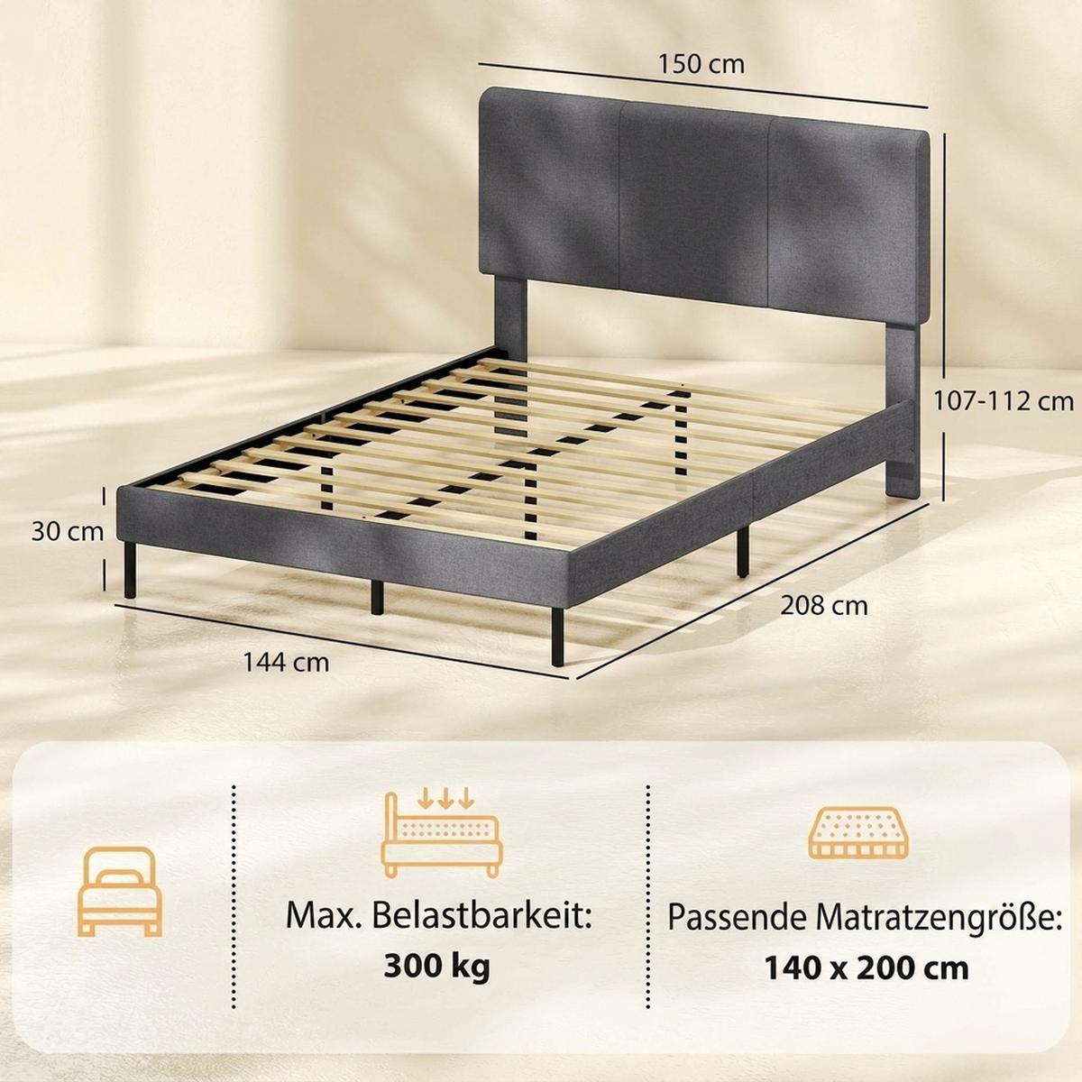 BETTGESTELL Polyester Sperrholz Dunkelgrau - Dunkelgrau, Holzwerkstoff/Textil (140/200cm) - HOMCOM