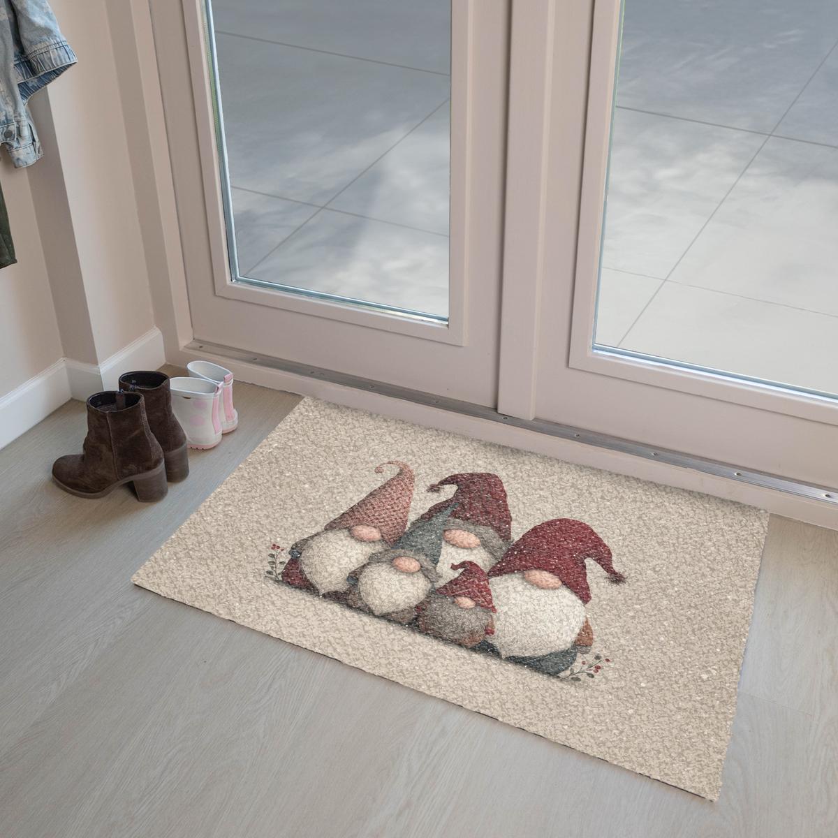 FUSSMATTE Wichtel - Weihnachten - Schnee - Zipfelmützen Türmatte 90x60 cm - Beige, Kunststoff (90/0.4cm) - MuchoWow