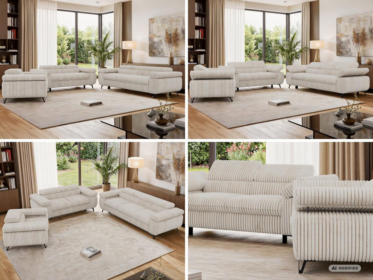 SITZGARNITUR PETER 1+2+3 mit Schlaffunktion - Beige Cord - Beige/Creme, Textil/Metall (262/76/99cm) - MKS