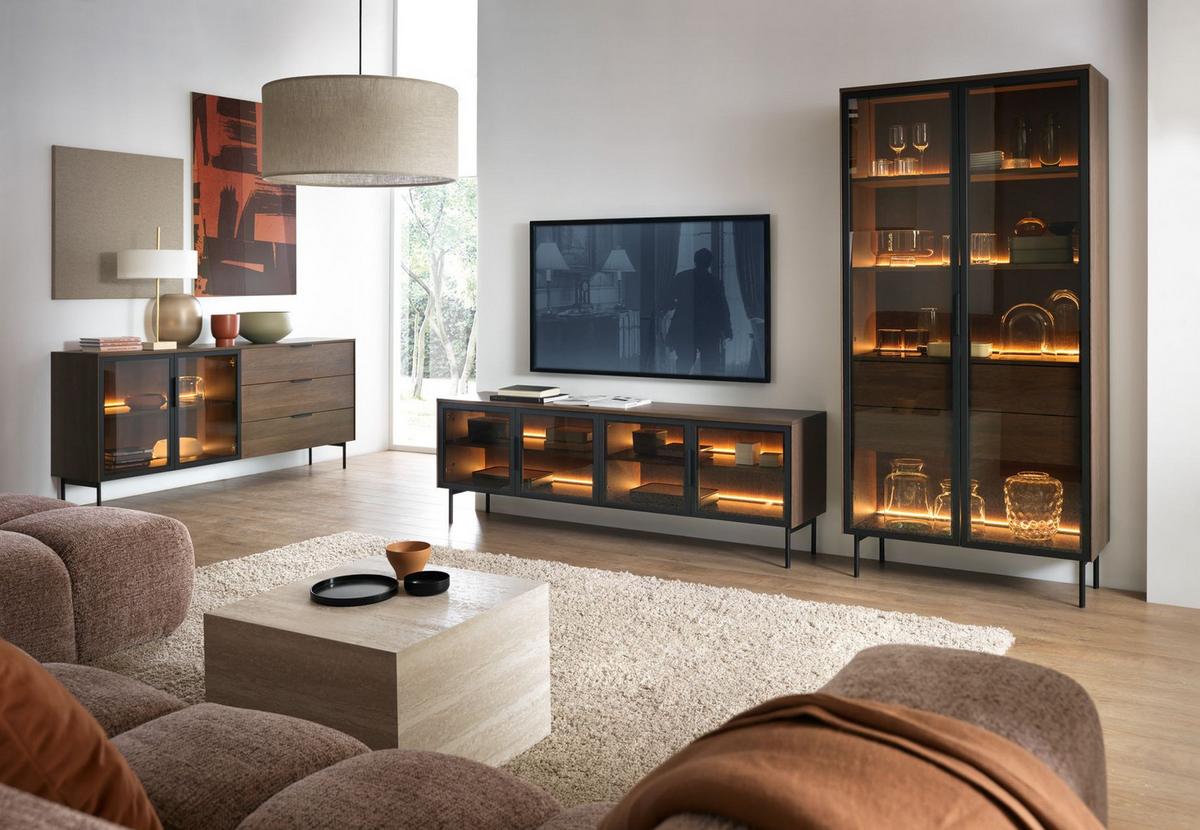 TV-LOWBOARD Lumi mit Glasfronten Eiche Dunin 181 cm - Dunkelbraun/Schwarz, Holzwerkstoff/Metall (181.3/39.3/39.3cm) - Selsey
