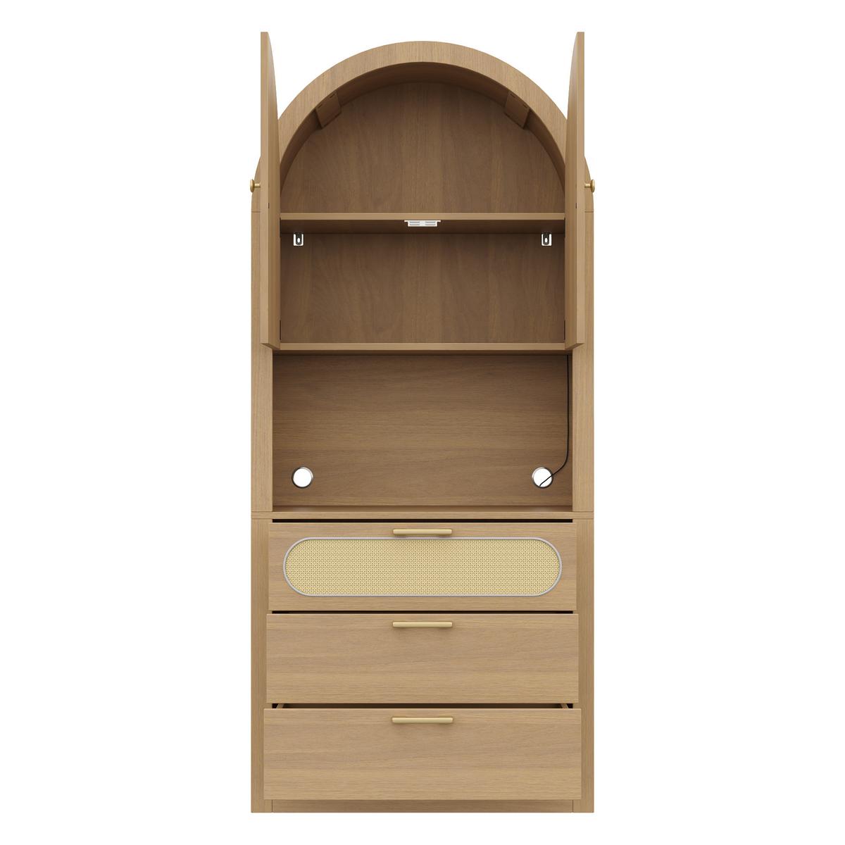 HIGHBOARD in heller Eiche-Optik mit Rattantüren, mit LED-Beleuchtung und viel Stauraum - Naturfarben, Holzwerkstoff (80/180/35cm) - Urban Meuble