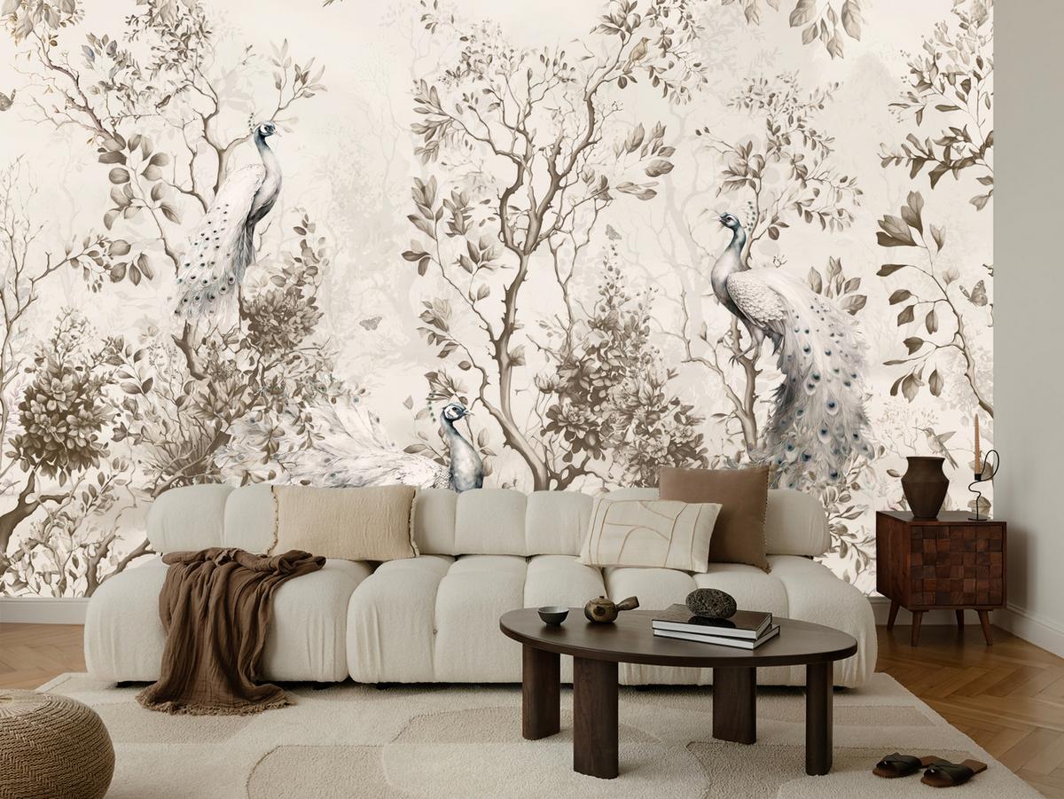 FOTOTAPETE für Wohnzimmer Pfauen Zwischen Bäumen Büsche Blätter 450x315 - Beige, Papier (450/315cm) - Muralo