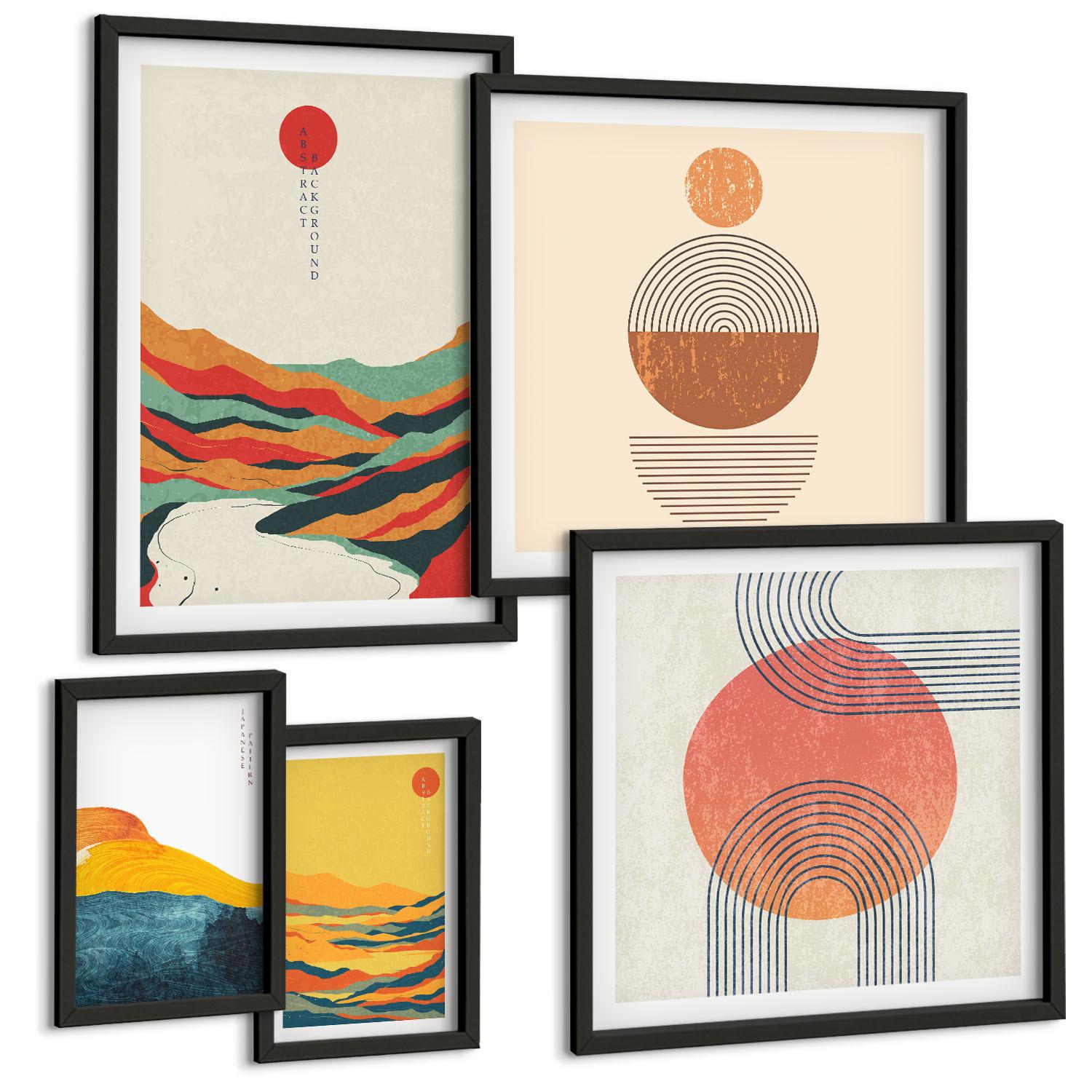 BILDER SET 5er Set - 50x50 cm & 20x30 cm & 40x60 cm Schwarzer Rahmen - Abstrakte Berglandschaften - Schwarz, Kunststoff (40/60cm) - TULUP
