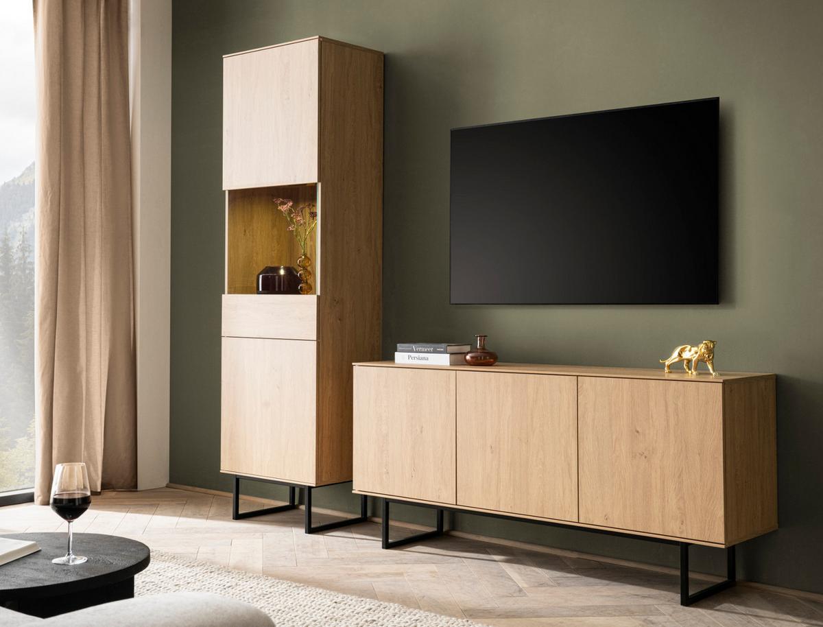 WOHNWAND Stone Eiche, Wohnkombination 2-teilig 220 cm, mit Push-to-Open - Eichefarben/Schwarz, Holzwerkstoff/Metall (220/200/40cm) - Furn.Design