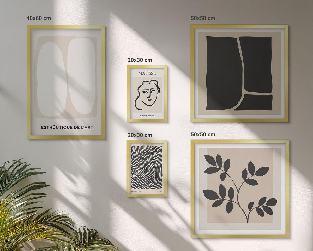 BILDER SET 5er Set - 50x50 cm & 20x30 cm & 40x60 cm Goldrahmen - Minimalistische Pflanzenmuster - Goldfarben, Kunststoff (40/60cm) - TULUP