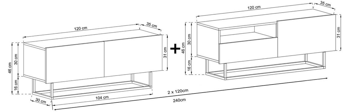 TV-LOWBOARD 2-er Set Enjoy Weiß Matt Schublade mit Metallrahmen 120 cm - Schwarz/Weiß, Keramik/Holzwerkstoff (240/46/35cm) - Meble Lindner