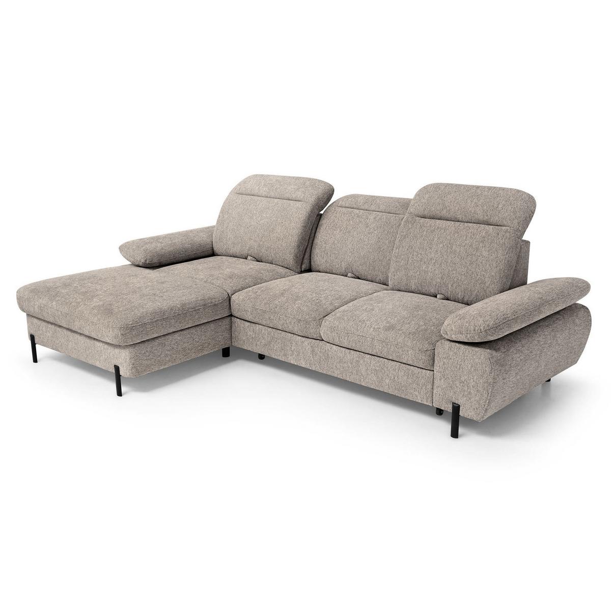 ECKSCHLAFSOFA Sora Mini mit verstellbaren Kopfstützen und Schlaffunktion, Chenille-Stoff, Hellbraun, Links - Hellbraun/Schwarz, Textil (285/190cm) - Beautysofa