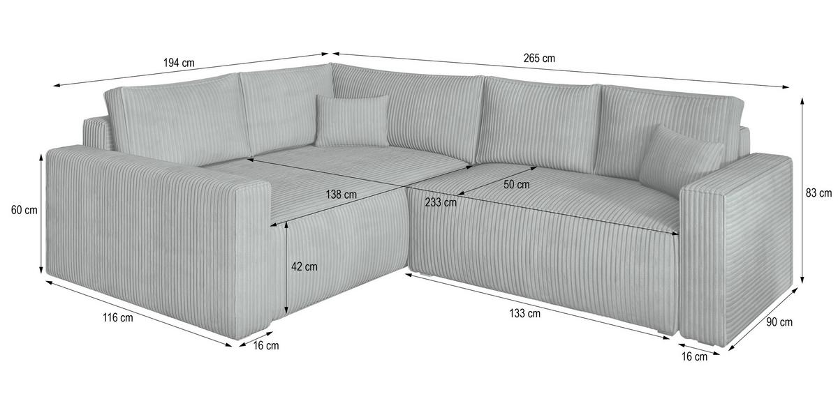 ECKSOFA ERONIS L-S Grau Kordstoff mit Schlaffunktion - Grau, Holz (265/194cm) - MASSENO