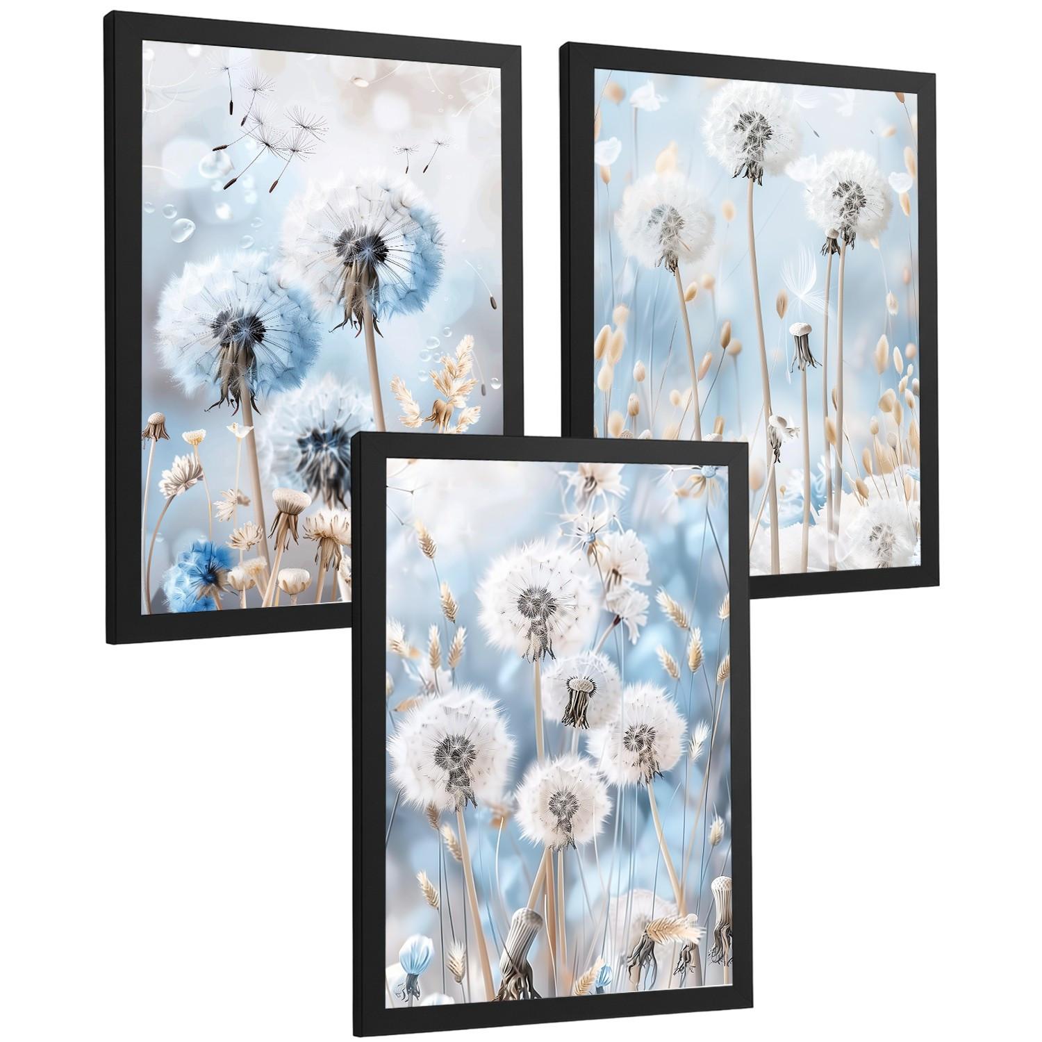 POSTER 3er Kunstdruck-Set Wandbilder Floral Blau modern Wohnzimmer Deko, Schlafzimmer, Küche, Badezimmer Schwarzer Rahmen A4 - Schwarz, Papier (29.7/1/21cm) - Nacnic