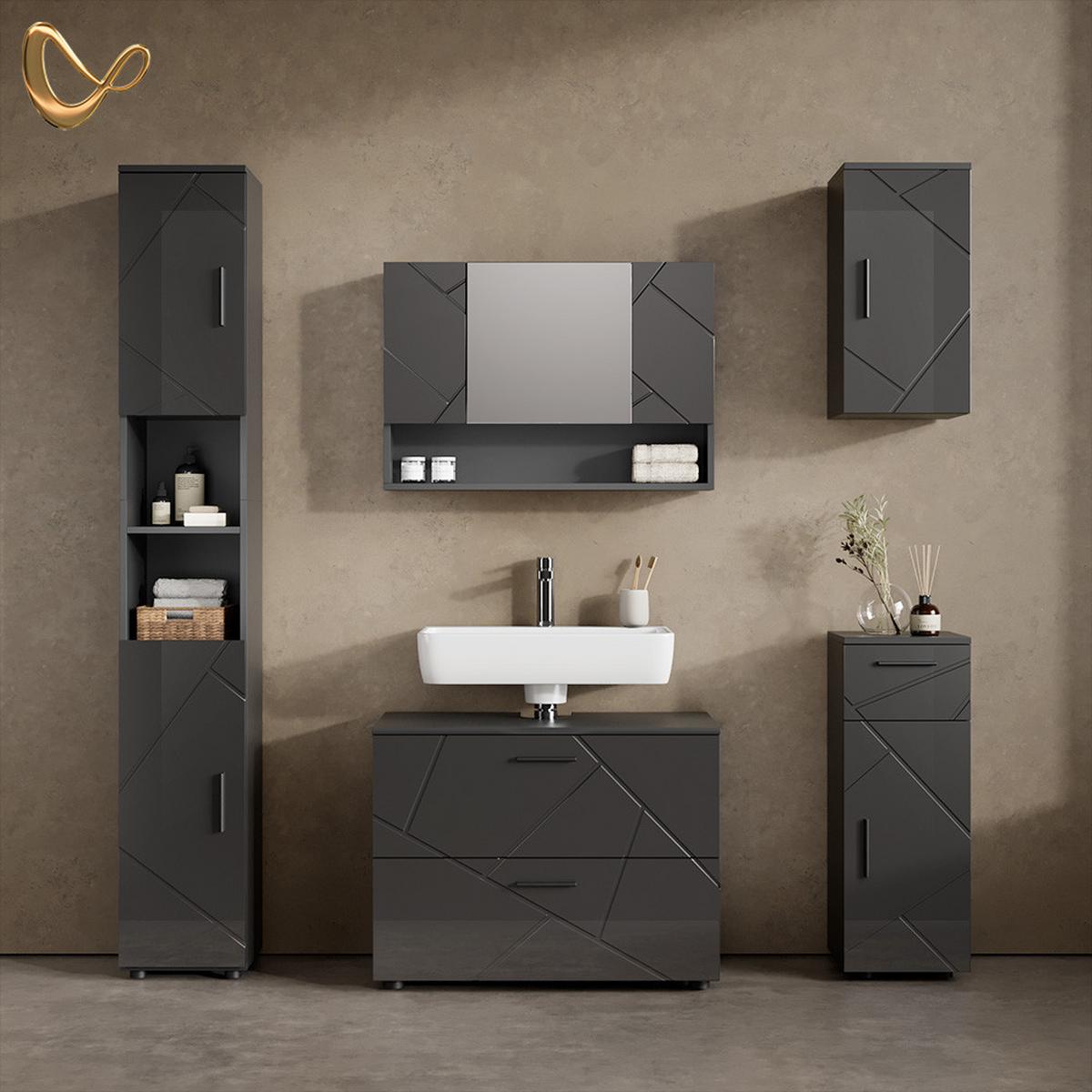 WASCHBECKENUNTERSCHRANK Ronco Anthrazit Hochglanz 80 x 58.6 cm - Schwarz Hochglanz, Holzwerkstoff (80/58.6/41cm) - Livinity®