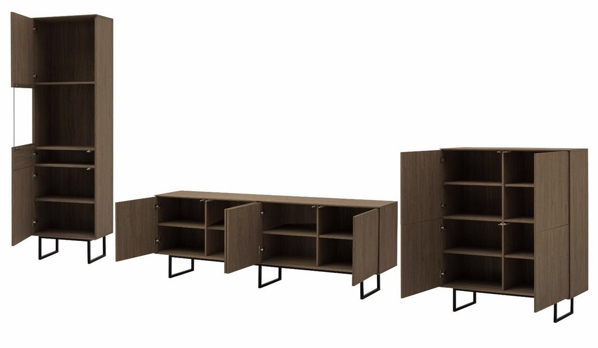 WOHNWAND in Nussbaum 3-teilig 400 cm, Wohnkombination mit Push-to-Open - Nussbaumfarben/Schwarz, Glas/Holzwerkstoff (400/200/40cm) - Furn.Design