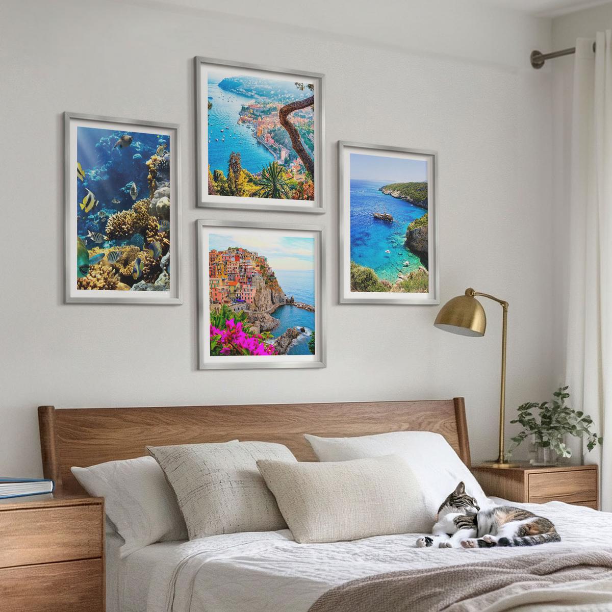 BILDER SET 4er Set - 50x50 cm & 40x60 cm Silberner Rahmen - Meerblick, farbenfrohe Häuser - Silberfarben, Kunststoff (50/50cm) - TULUP