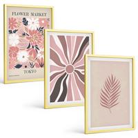 BILDER SET 3er Set - 40x60 cm Goldrahmen - Florale Blattmuster und Geometrie - Goldfarben, Kunststoff (40/60cm) - TULUP