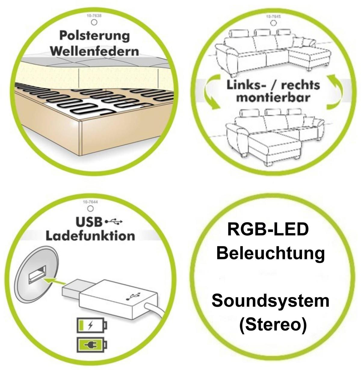 MULTIMEDIA-ECKSOFA Soundsystem RGB-LED Beleuchtung Bluetooth USB AUX-in,seitenverkehrt montierbar B322/T190/H88cm,Kunstleder Schwarz-Mikrof.Grau/15411 - Chromfarben/Schwarz, Kunststoff/Textil (322/88/190cm) - luma-home
