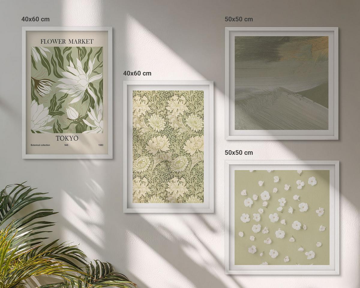 BILDER SET 4er Set - 50x50 cm & 40x60 cm Weißer Rahmen - Florale Abstraktionen im Boho-Stil - Weiß, Kunststoff (50/50cm) - TULUP