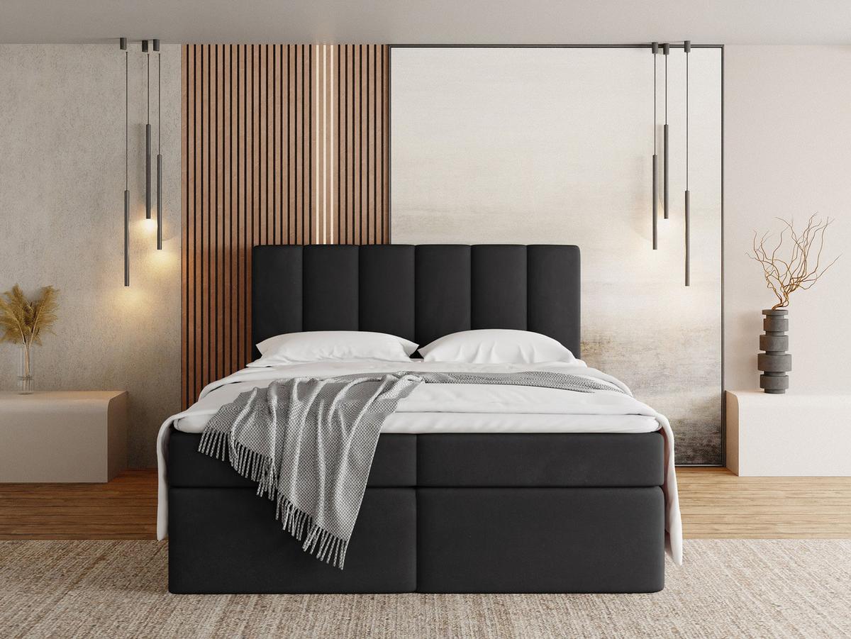BOXBETT Amira mit Bettkasten, Samt Schwarz 180/200 cm – 7-Zonen Taschenfederkern-Matratze & Komfortschaum-Topper - Schwarz Hochglanz/Schwarz, Holz/Holzwerkstoff (180/200cm) - WFL GROUP