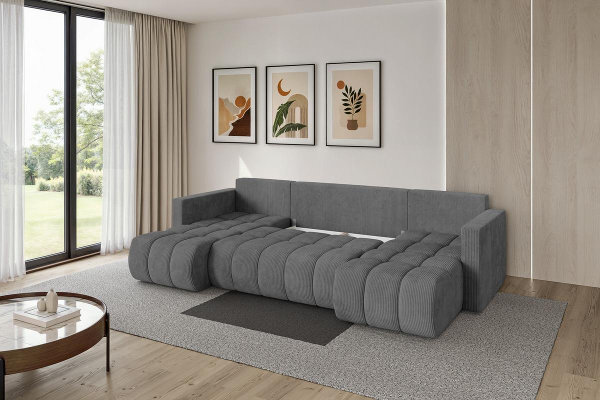 WOHNLANDSCHAFT mit Schlaffunktion und Bettkasten GARD-U 300x146x85 Dunkelgrau Cord - Dunkelgrau/Schwarz, Holzwerkstoff/Kunststoff (300/85/146cm) - ALTDECOR