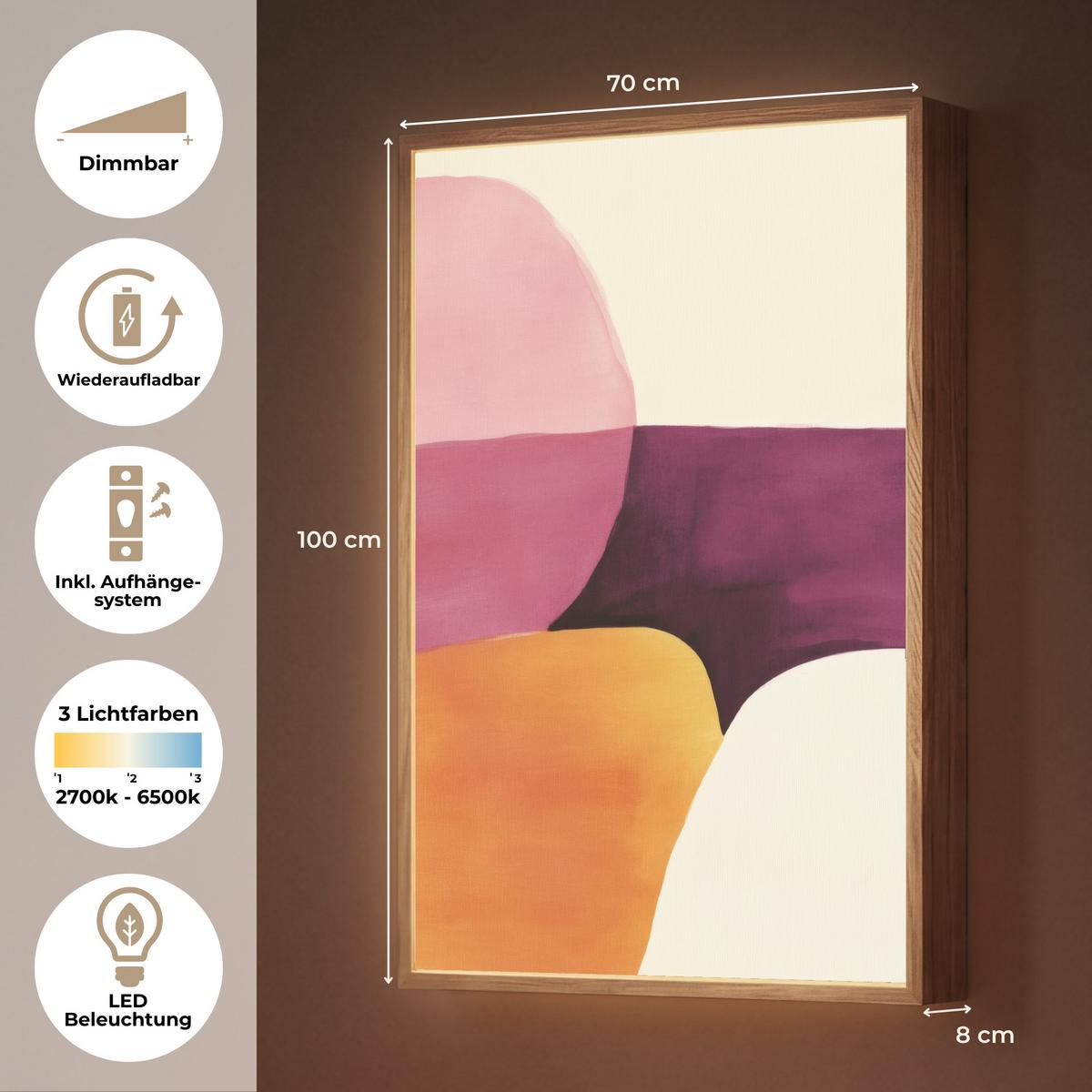 WANDLEUCHTE MIT AKKU Formen - Abstrakt - Farbenfroh 70x100 cm - Rosa, Holzwerkstoff (70/100/8cm) - OnlyWow
