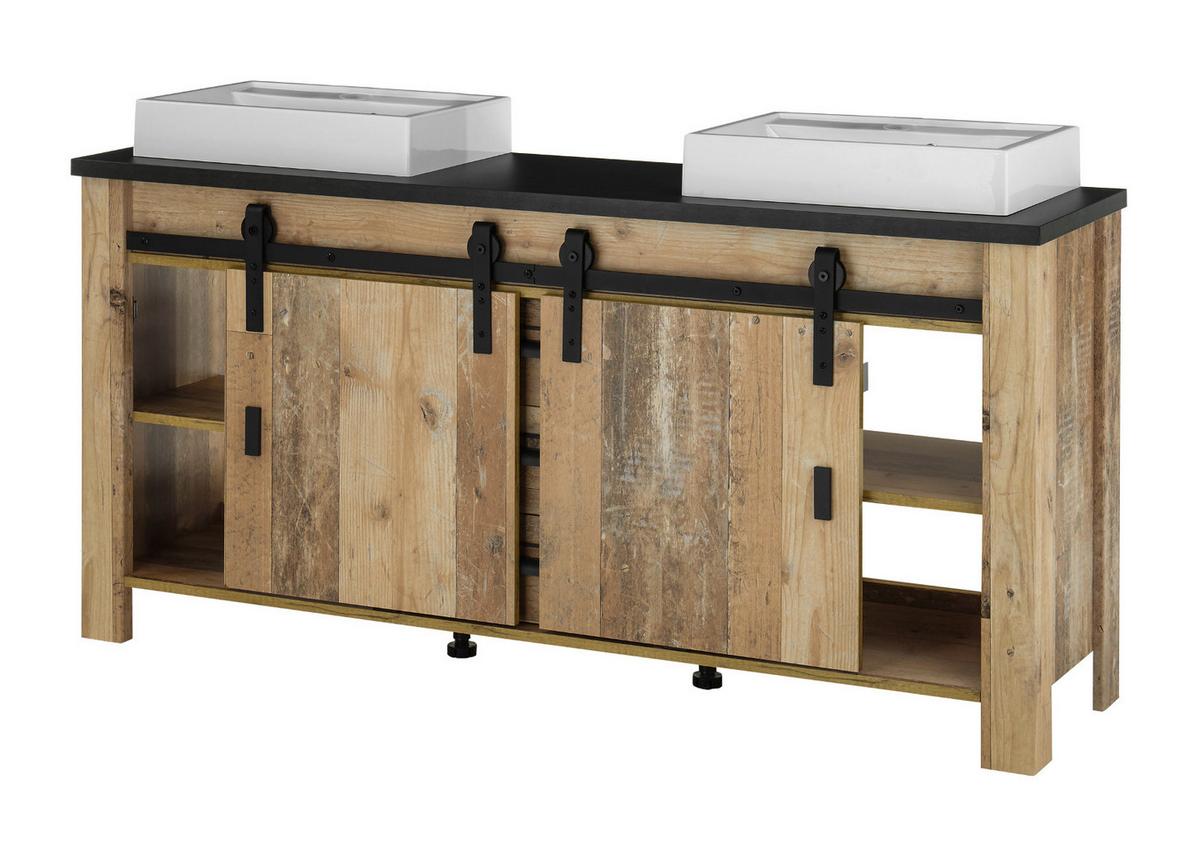 BADMÖBEL-SET Used Wood hell, anthrazit, Doppelwaschtisch mit Waschbecken LED Spiegellampe Stove - Eichefarben/Anthrazit, Holzwerkstoff/Metall (235/210/43cm) - Furn.Design