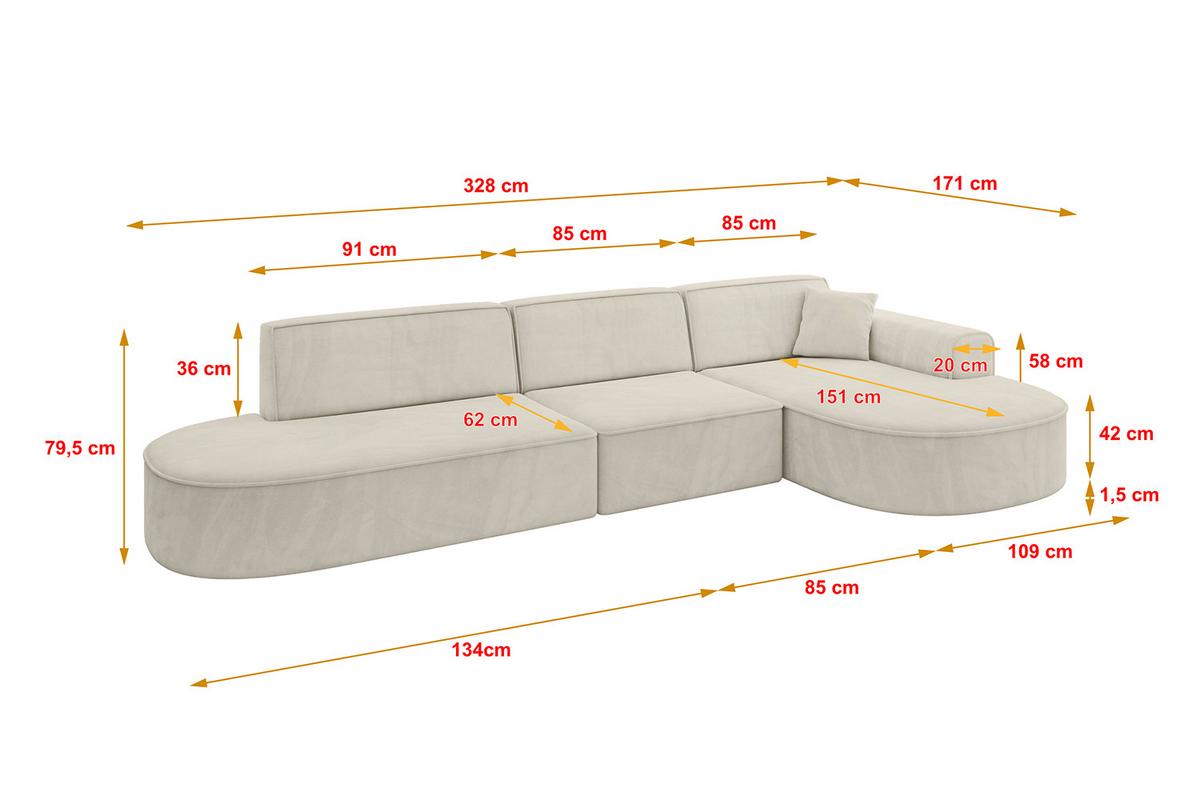 ECKSOFA Ottomane Rechts MARI-L2 - 328x171x79 cm Ecru Velours - Ecru/Schwarz, Holzwerkstoff/Kunststoff (171/328cm) - ALTDECOR