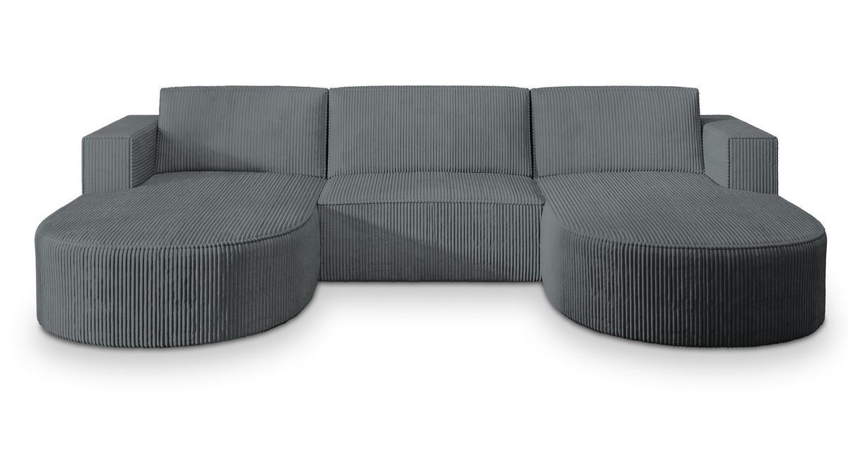 WOHNLANDSCHAFT VEZZO P Grau Kordstoff mit Schlaffunktion - Grau, Holz/Kunststoff (347/85/174cm) - MASSENO