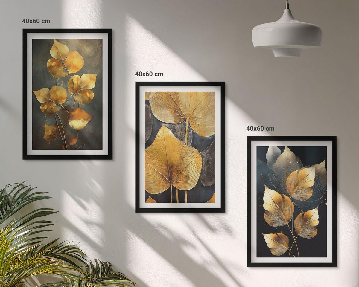 BILDER SET 3er Set - 40x60 cm Schwarzer Rahmen - Gelbe Blätter auf dunklem Hintergrund - Schwarz, Kunststoff (40/60cm) - TULUP