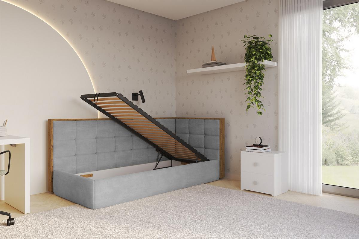 EINZELLBETT Jugendbett mit Bettkasten und Matratze H3/H4, Links - SOVY 80x200 Grau - Hellgrau, Holzwerkstoff/Textil (80/200cm) - ALTDECOR
