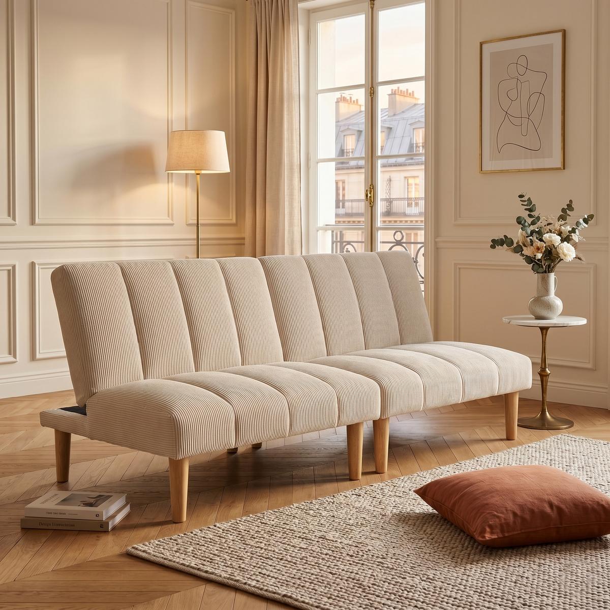 SCHLAFSOFA aus beigem cord, klappbar und mit verstellbarer rückenlehne - Beige, Textil (167/72/82cm) - Urban Meuble