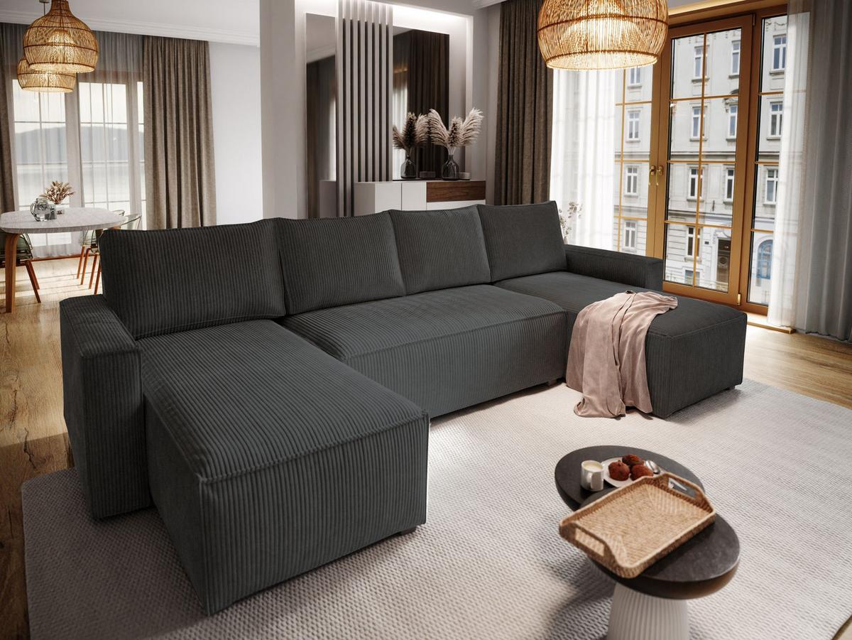 WOHNLANDSCHAFT ASPRA Schwarz Kordstoff mit Schlaffunktion - Schwarz/Grau, Holz/Kunststoff (295/85/140cm) - MASSENO