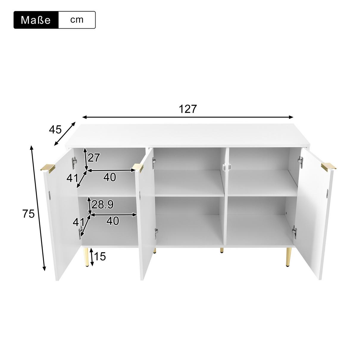 SIDEBOARD Weiß 127/45/75 cm - Weiß, Holzwerkstoff (45/75/127cm) - Urban Meuble