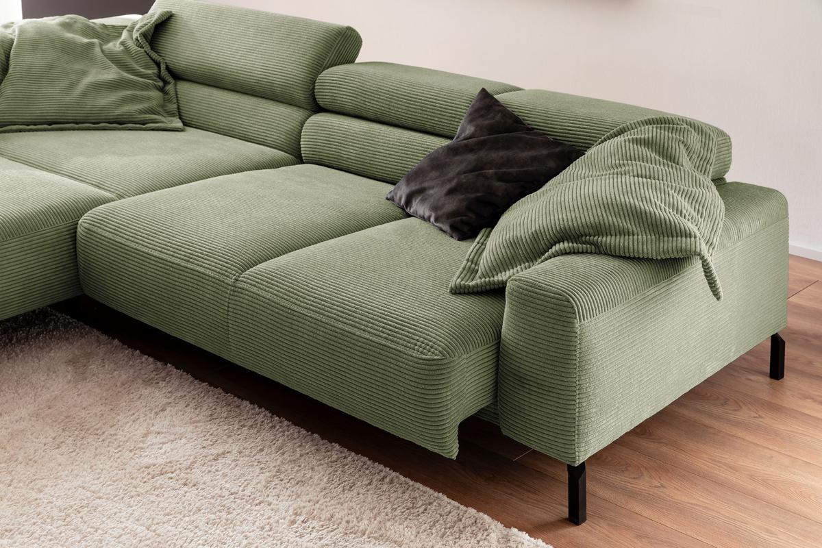 ECKSOFA DELIA Grün Cord Relaxfunktion - Schwarz/Olivgrün, Textil/Metall (276/219cm) - KAWOLA
