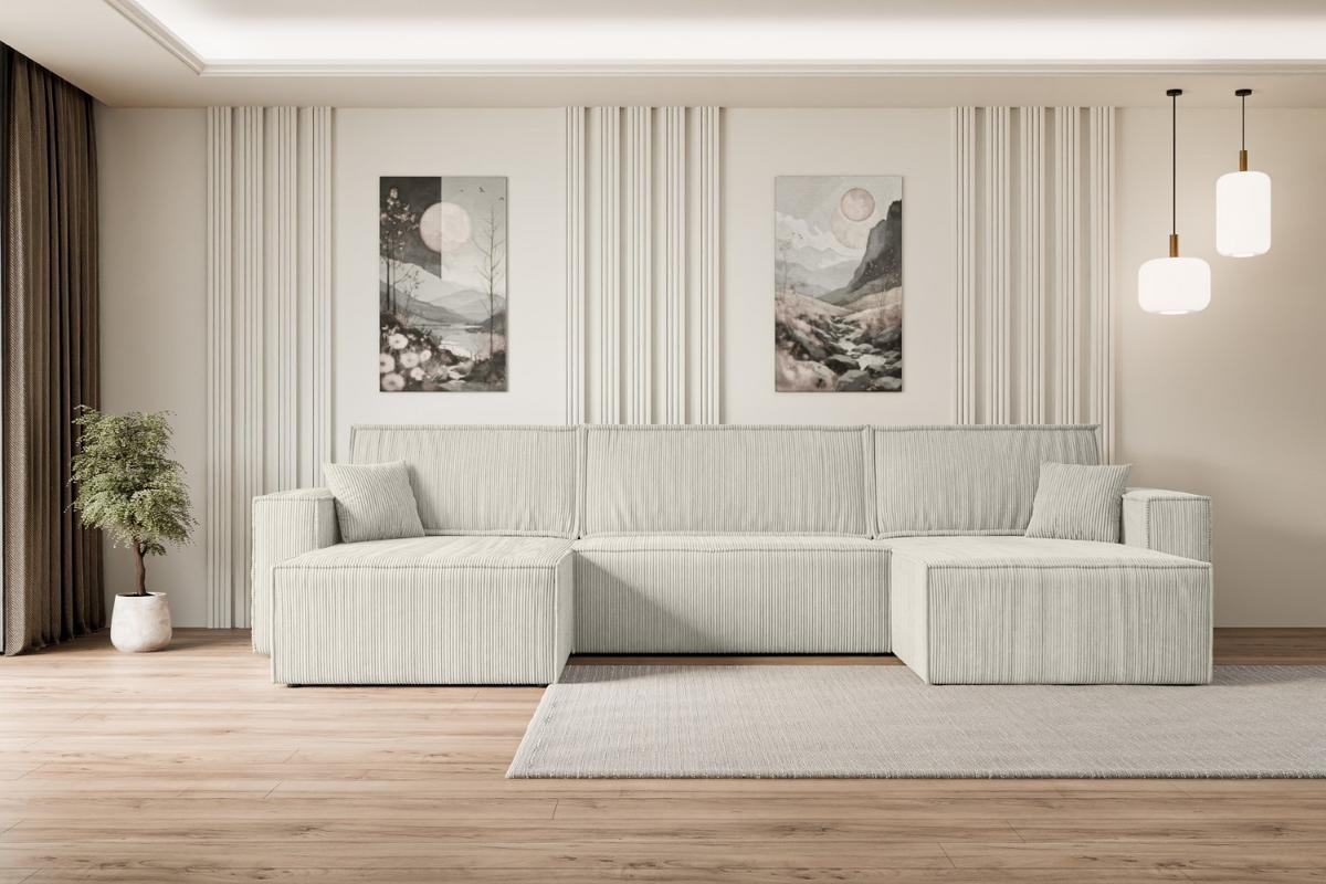 WOHNLANDSCHAFT mit Schlaffunktion und Bettkasten CELTIC-XLU - 377x143x83 cm Creme Cord - Hellgrau/Creme, Holzwerkstoff/Kunststoff (377/83/143cm) - ALTDECOR