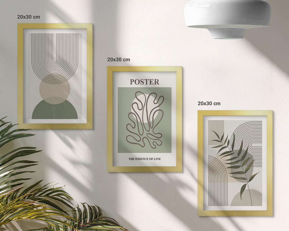 BILDER SET 3er Set - 20x30 cm Goldrahmen - Geometrische botanische Muster - Goldfarben, Kunststoff (20/30cm) - TULUP