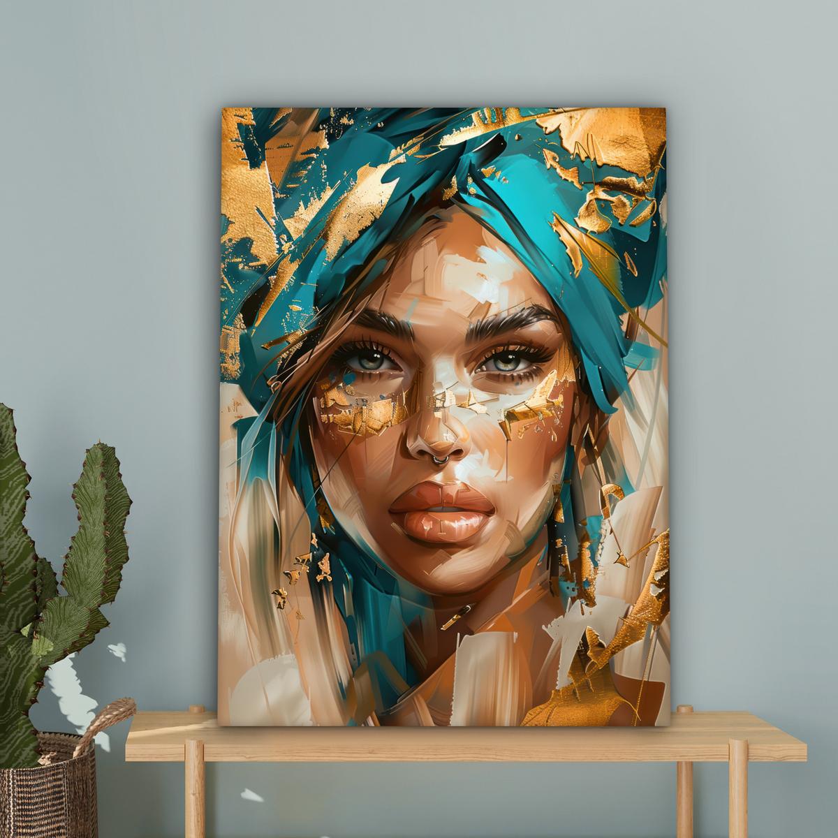 LEINWANDBILD Frau - Porträt - Gold - Luxus - Blau Wandbild Wohnzimmer 60x80 cm - Türkis, Textil (60/80cm) - MuchoWow