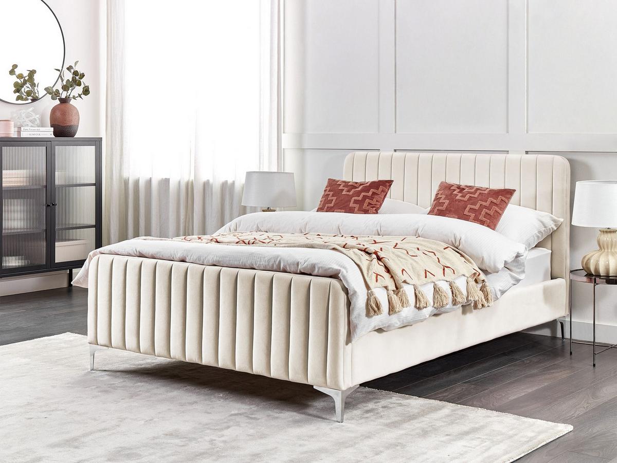 BETT mit Lattenrost 140/200 cm Samtstoff Hellbeige Lunan - Beige, Textil (140/200cm) - Beliani