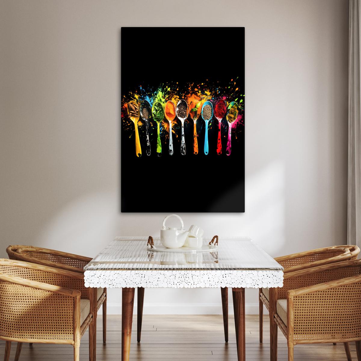 LEINWANDBILD Löffel - Gewürze - Modern - Graffiti - Farbe - Farbenfroh Deko XXL 80x120 cm - Multicolor, Textil (80/120cm) - MuchoWow