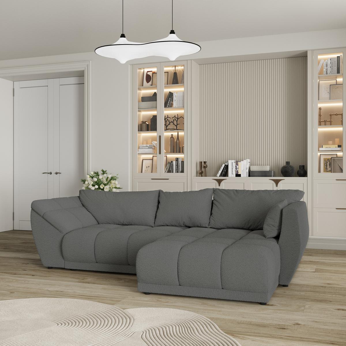 ECKSOFA ORENTI R-S Grau Boucle-Stoff mit Schlaffunktion - Grau, Holz (287/182cm) - MASSENO