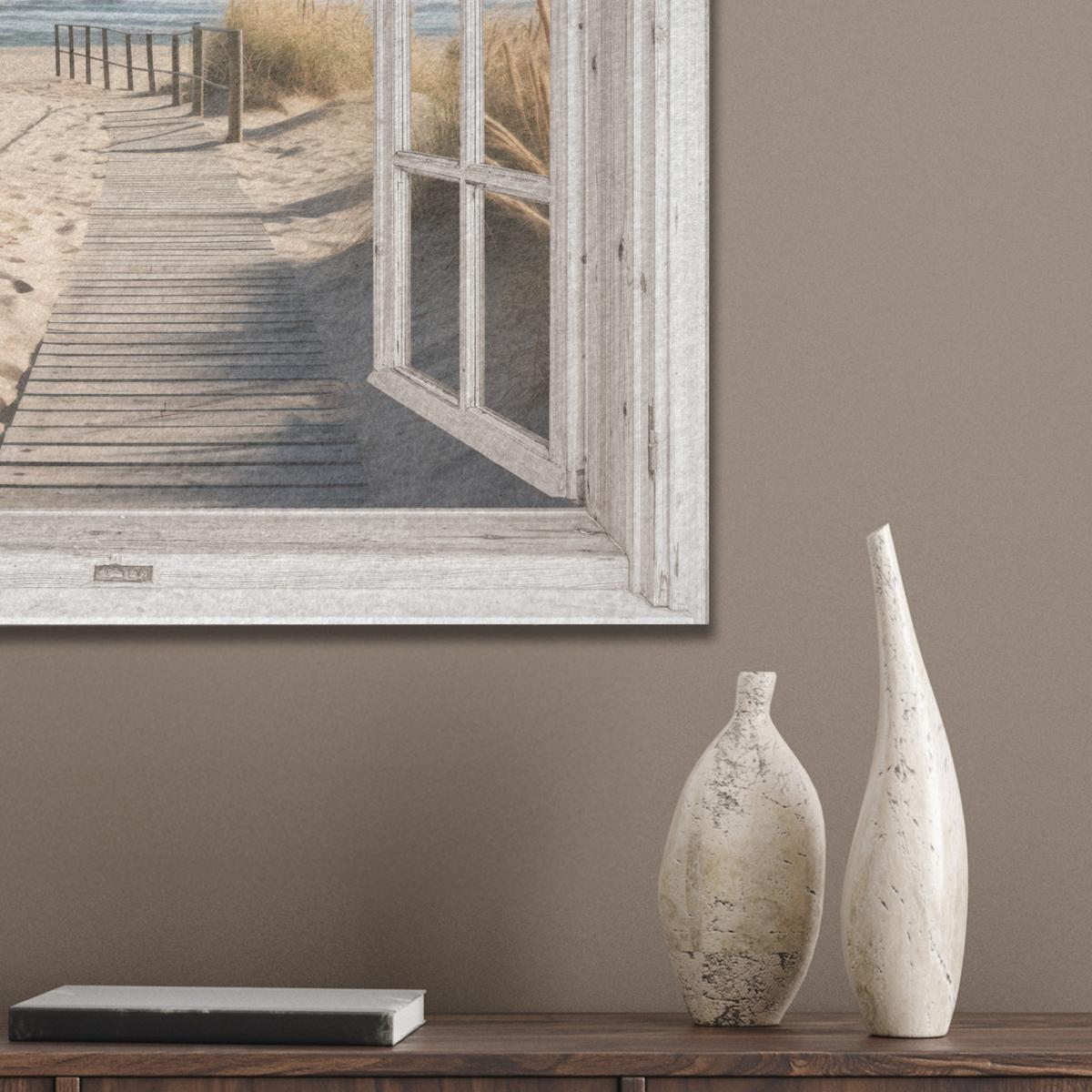 AKUSTIKBILD Fenster - Meer - Küste - Natur - Ausblick - Strand - Wattenmeer Wandbilder 60x60 cm - Beige, Kunststoff (60/60/0.9cm) - MuchoWow