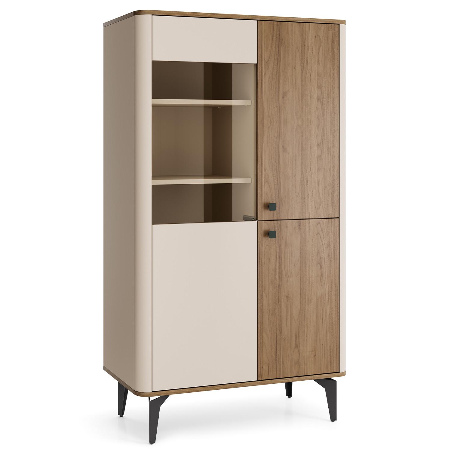 VITRINE Aurora Glasschrank mit Metallbeine, ohne LED-Beleuchtung, Nussbaum+Kaschmir - Kaschmir/Nussbaumfarben, Holzwerkstoff/Metall (88/190/40cm) - Beautysofa