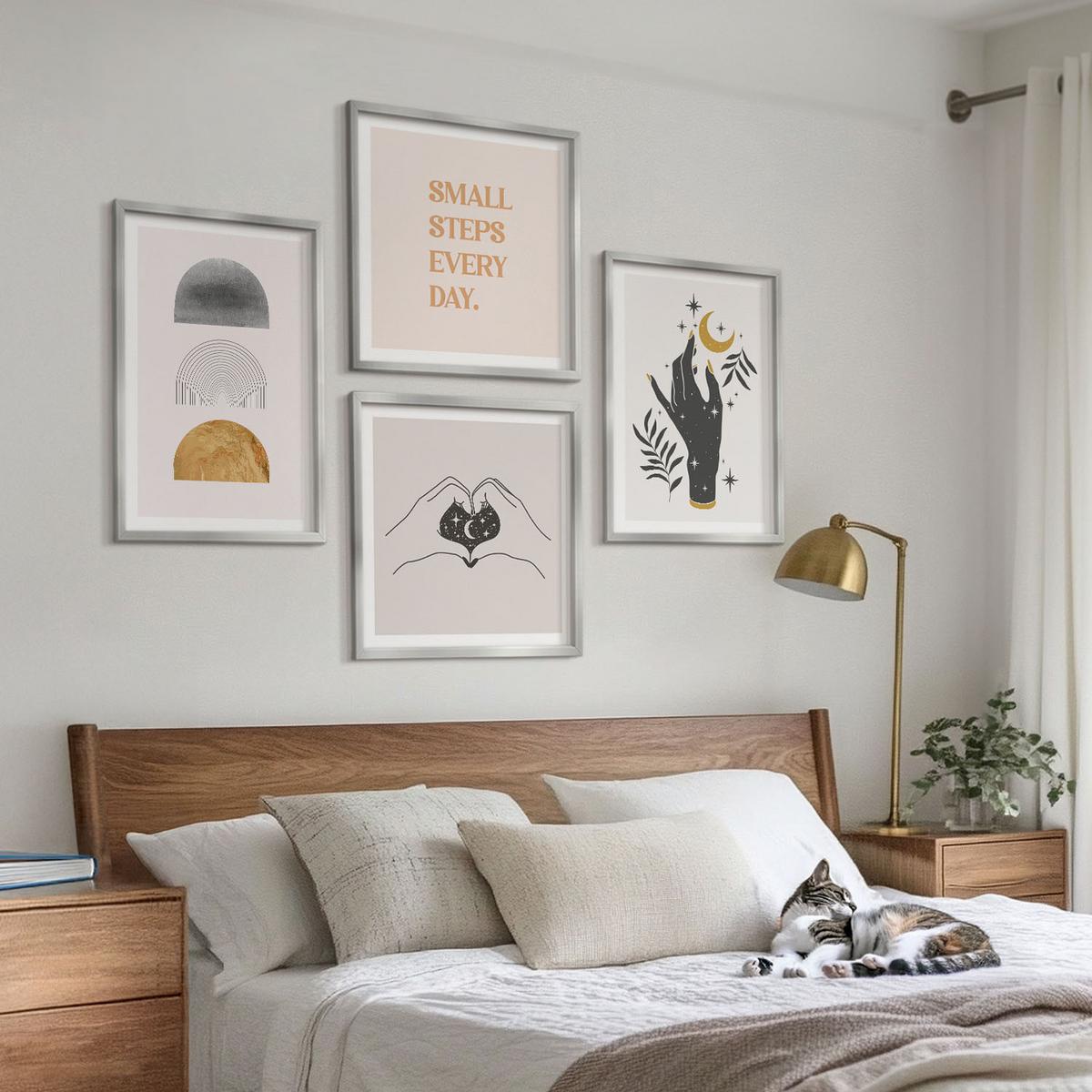 BILDER SET 4er Set - 50x50 cm & 40x60 cm Silberner Rahmen - Minimalistische Boho-Illustrationen - Silberfarben, Kunststoff (50/50cm) - TULUP
