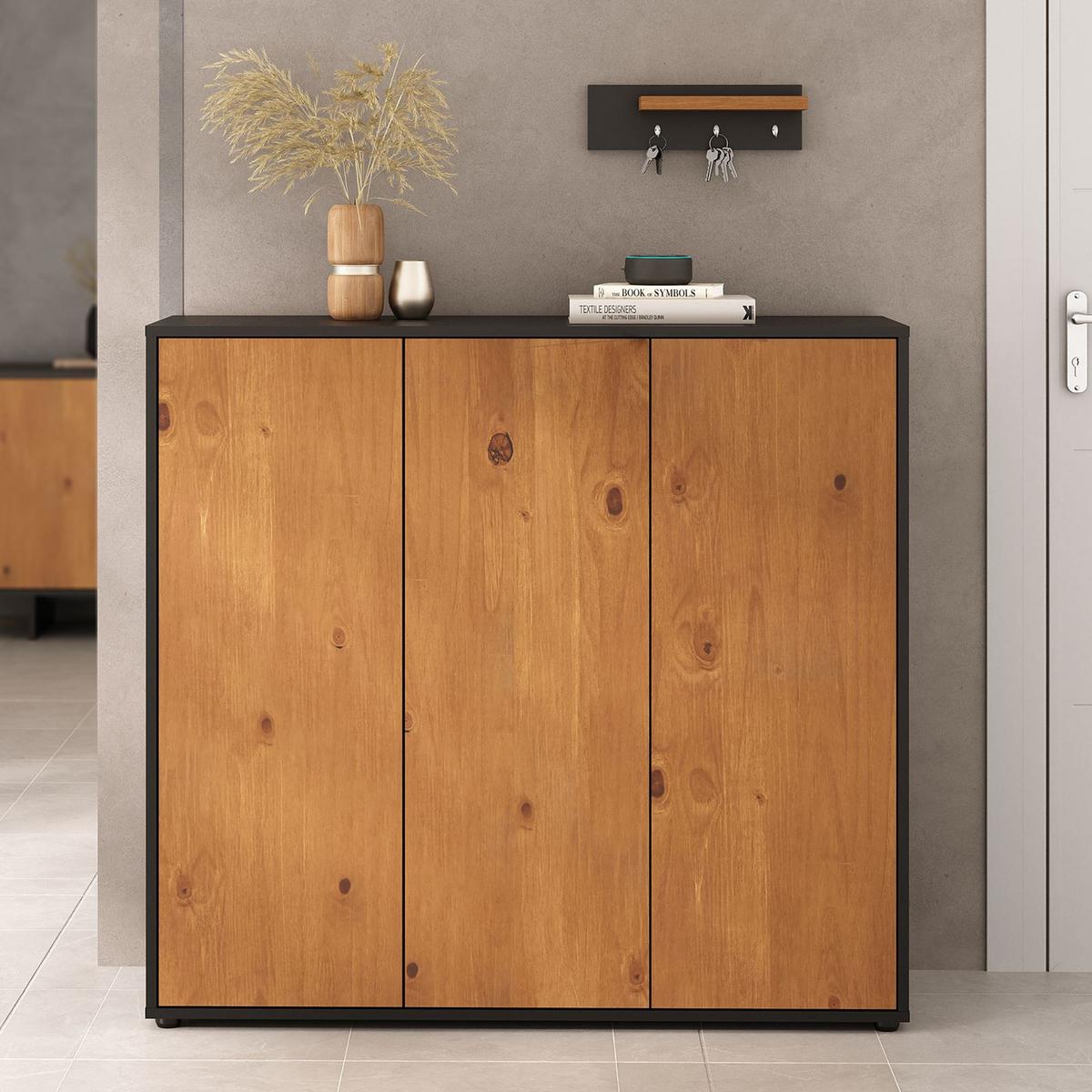SCHUHSCHRANK MIRAN schwarz/Eiche - Eichefarben/Schwarz, Holz (109/100/35cm) - IDIMEX