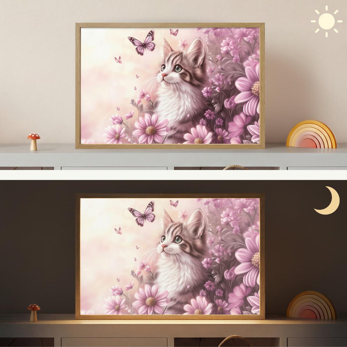 WANDLEUCHTE MIT AKKU Kätzchen - Blumen - Schmetterlinge - Lila 60x40 cm - Altrosa, Holzwerkstoff (60/40/8cm) - OnlyWow