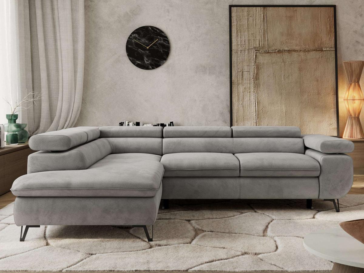 ECKSOFA PABLO L Hellgrau Velvet - Links Seite mit Visco Topper - Hellgrau/Schwarz, Textil/Metall (208/273cm) - MKS