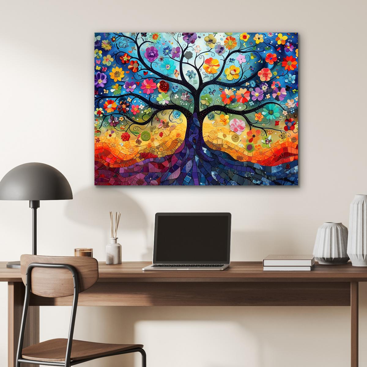 METALLBILD Kunst - Baum des Lebens - Blumen - Hippie 80x60 cm - Dunkelblau, Metall (80/60cm) - MuchoWow