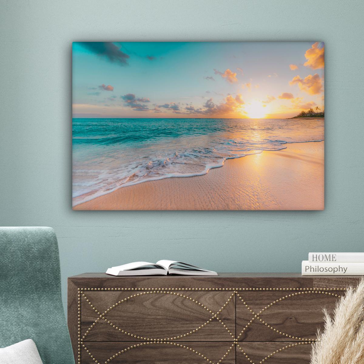 LEINWANDBILD Sonnenuntergang - Strand - Meer - Sommer - Blau XXL 150x100 cm - Multicolor, Textil (150/100cm) - MuchoWow