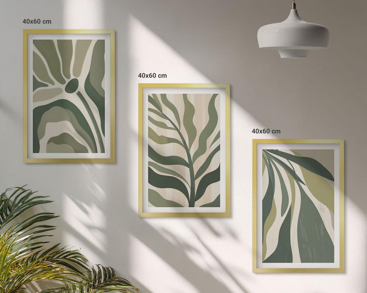 BILDER SET 3er Set - 40x60 cm Goldrahmen - Illustrationen gemalter grüner Blätter - Goldfarben, Kunststoff (40/60cm) - TULUP